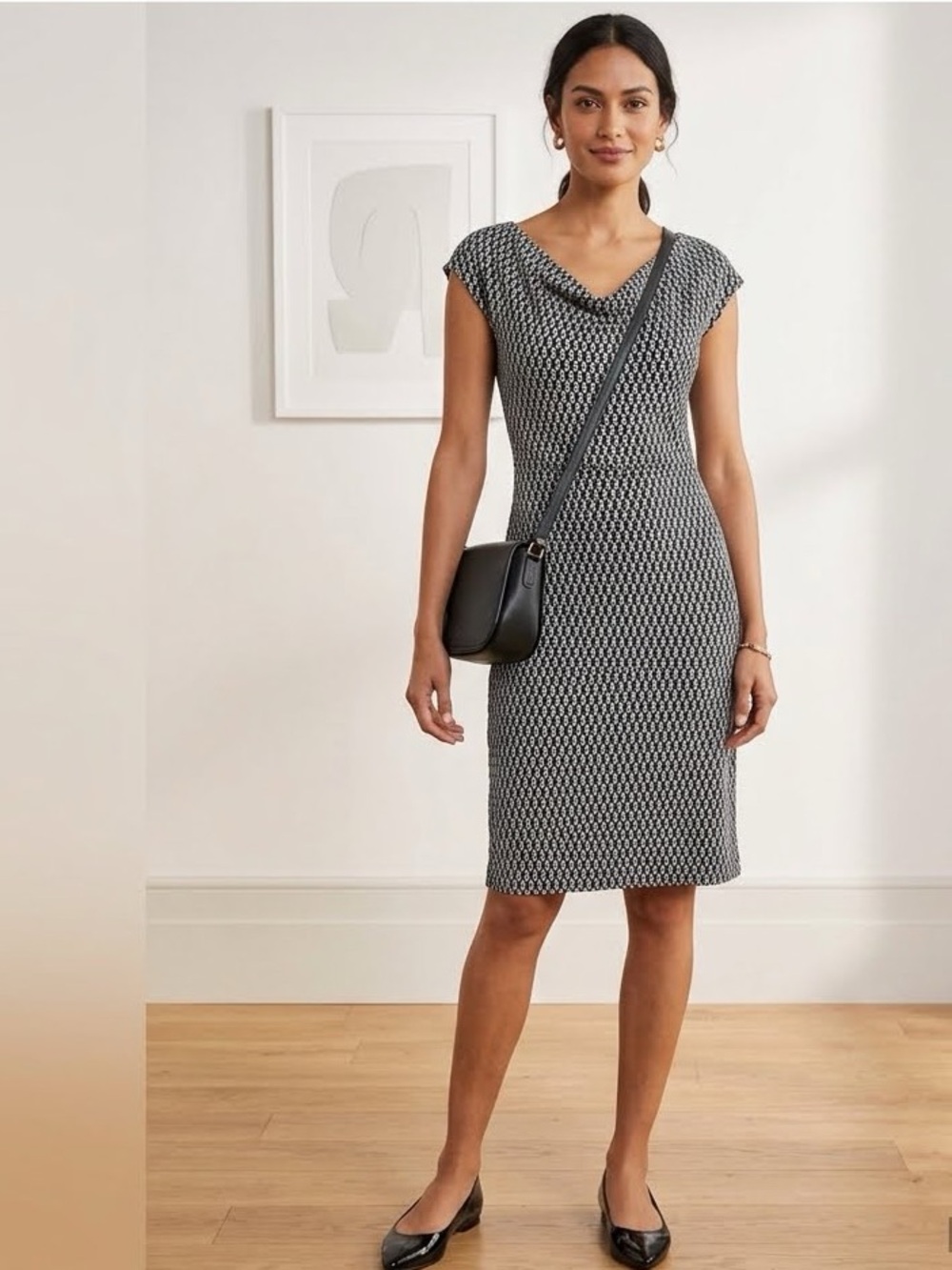 Boden Black and White Drape Neck Cap Sleeve Dress SZ 6 60s Mod Revival Corporate